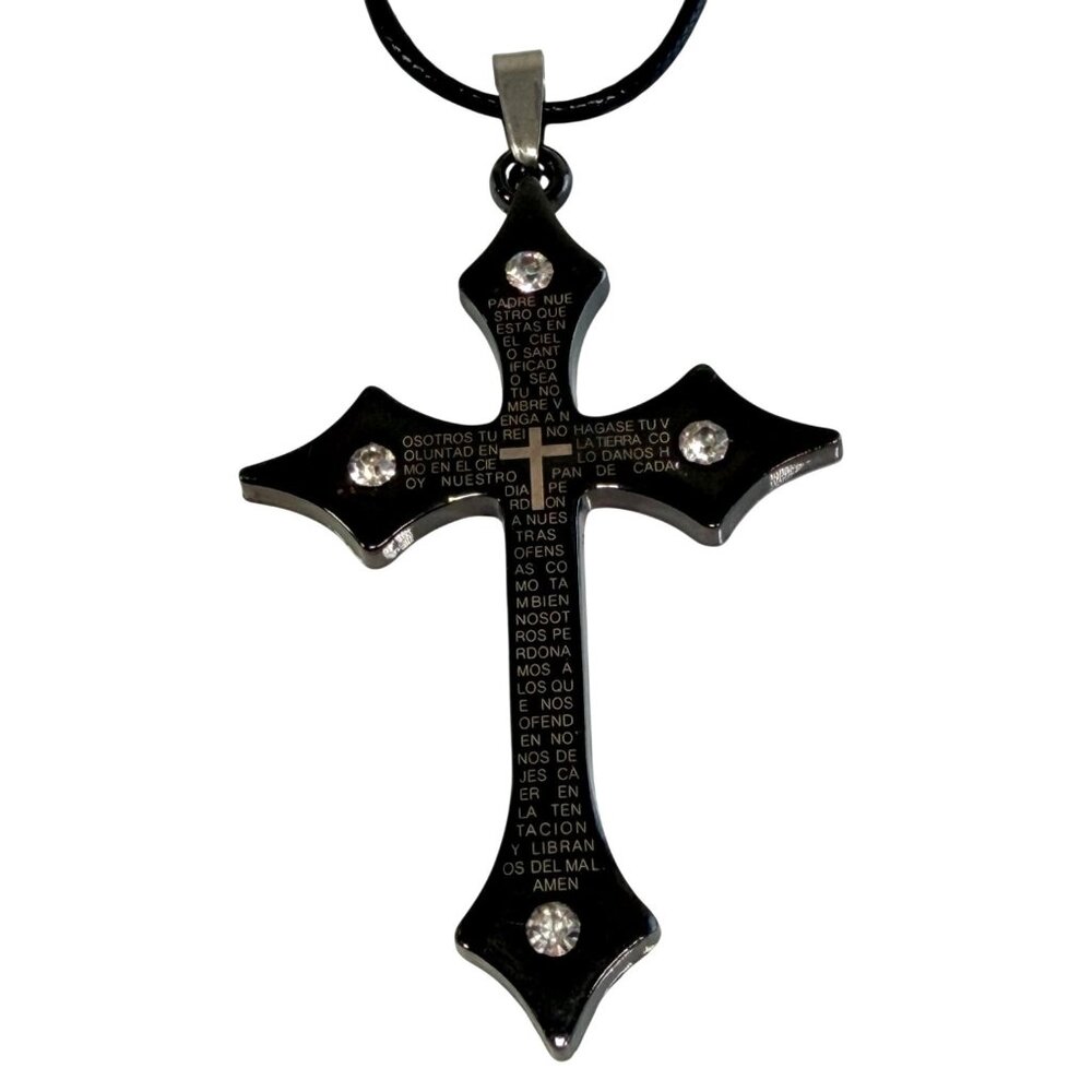 New Black Spanish Lord's Prayer Cross Pendant Necklace Statement Jewelry on Card - Picture 2 of 8